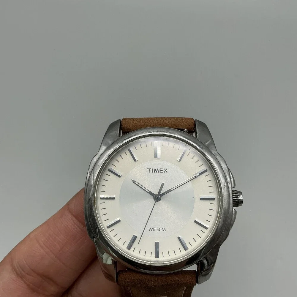 Timex Mens Watch 39mm Silver Tone Brown Leather WR 50M Stainless New Battery